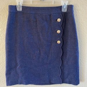 Talbots blue faux wrap wool blend mini skirt scalloped trim gold button sz 6 NWT